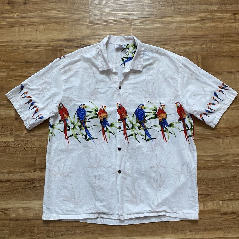 Pacific Legend Mens 3XL White Colorful Parrots Tropical Hawaiian Aloha Shirt USA